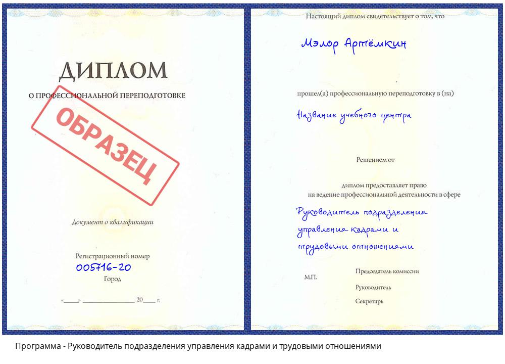 Руководитель подразделения управления кадрами и трудовыми отношениями Камень-на-Оби