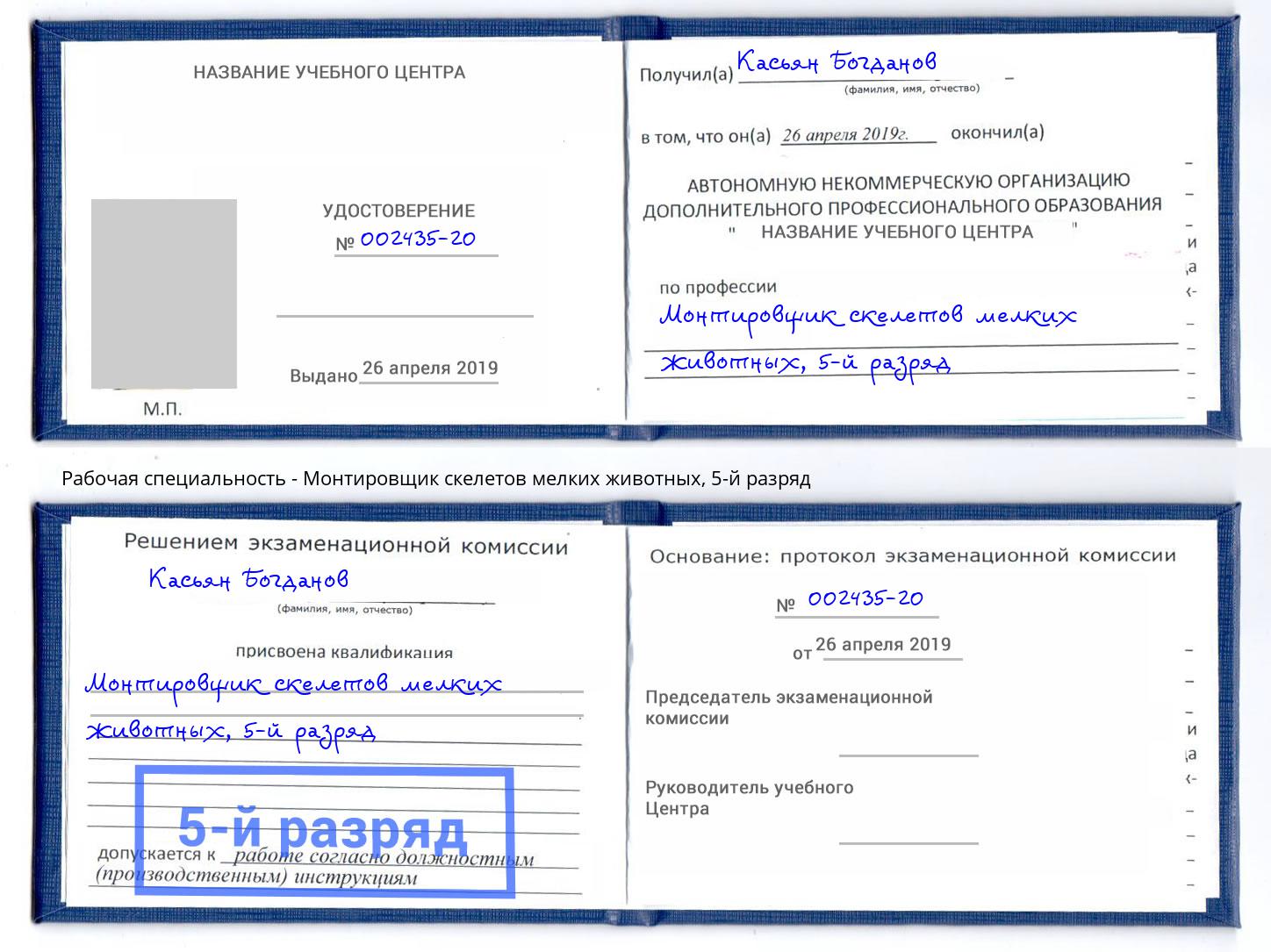 корочка 5-й разряд Монтировщик скелетов мелких животных Камень-на-Оби